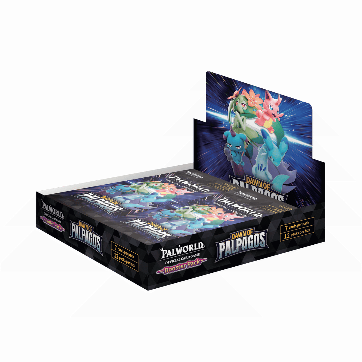 A Palworld Official Card Game display box of Dawn of Palpagos trading card booster packs, featuring colorful artwork of Pals on the insert and multiple booster packs arranged inside the black retail display.