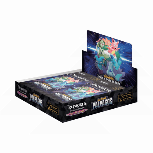 A Palworld Official Card Game display box of Dawn of Palpagos trading card booster packs, featuring colorful artwork of Pals on the insert and multiple booster packs arranged inside the black retail display.