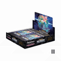 A Palworld Official Card Game display box of Dawn of Palpagos trading card booster packs, featuring colorful artwork of Pals on the insert and multiple booster packs arranged inside the black retail display.