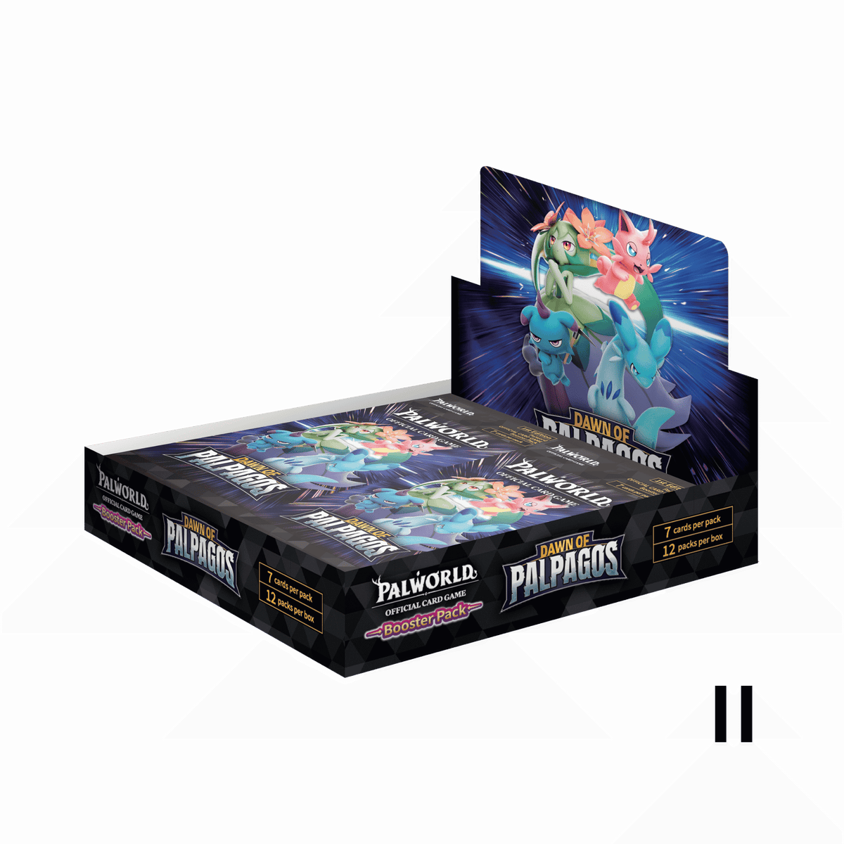 A Palworld Official Card Game display box of Dawn of Palpagos trading card booster packs, featuring colorful artwork of Pals on the insert and multiple booster packs arranged inside the black retail display.