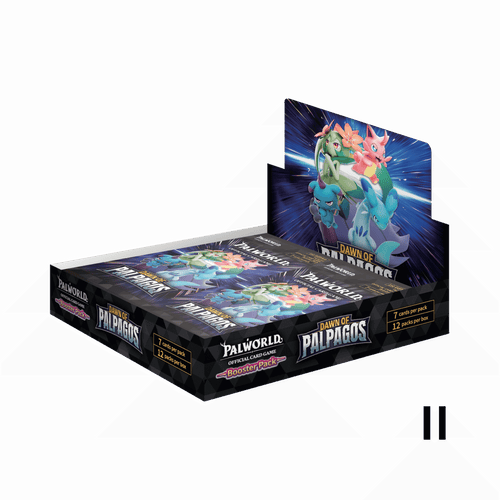 A Palworld Official Card Game display box of Dawn of Palpagos trading card booster packs, featuring colorful artwork of Pals on the insert and multiple booster packs arranged inside the black retail display.