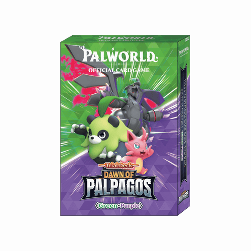 A Palworld Official Card Game display box of the Dawn of Palpagos Green/Purple Trial Deck, featuring colorful artwork of Pals on the front.