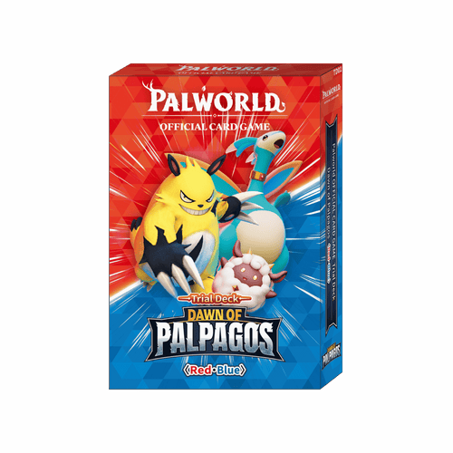 A Palworld Official Card Game display box of the Dawn of Palpagos Red/Blue Trial Deck, featuring colorful artwork of Pals on the front.